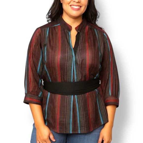 Vintage 80s Striped Sheer Blouse Black Burgundy Belted Waist Metallic Large - Picture 1 of 11